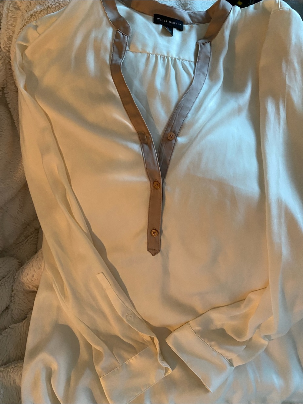 Willi Smith Cream Blouse with Taupe Trim